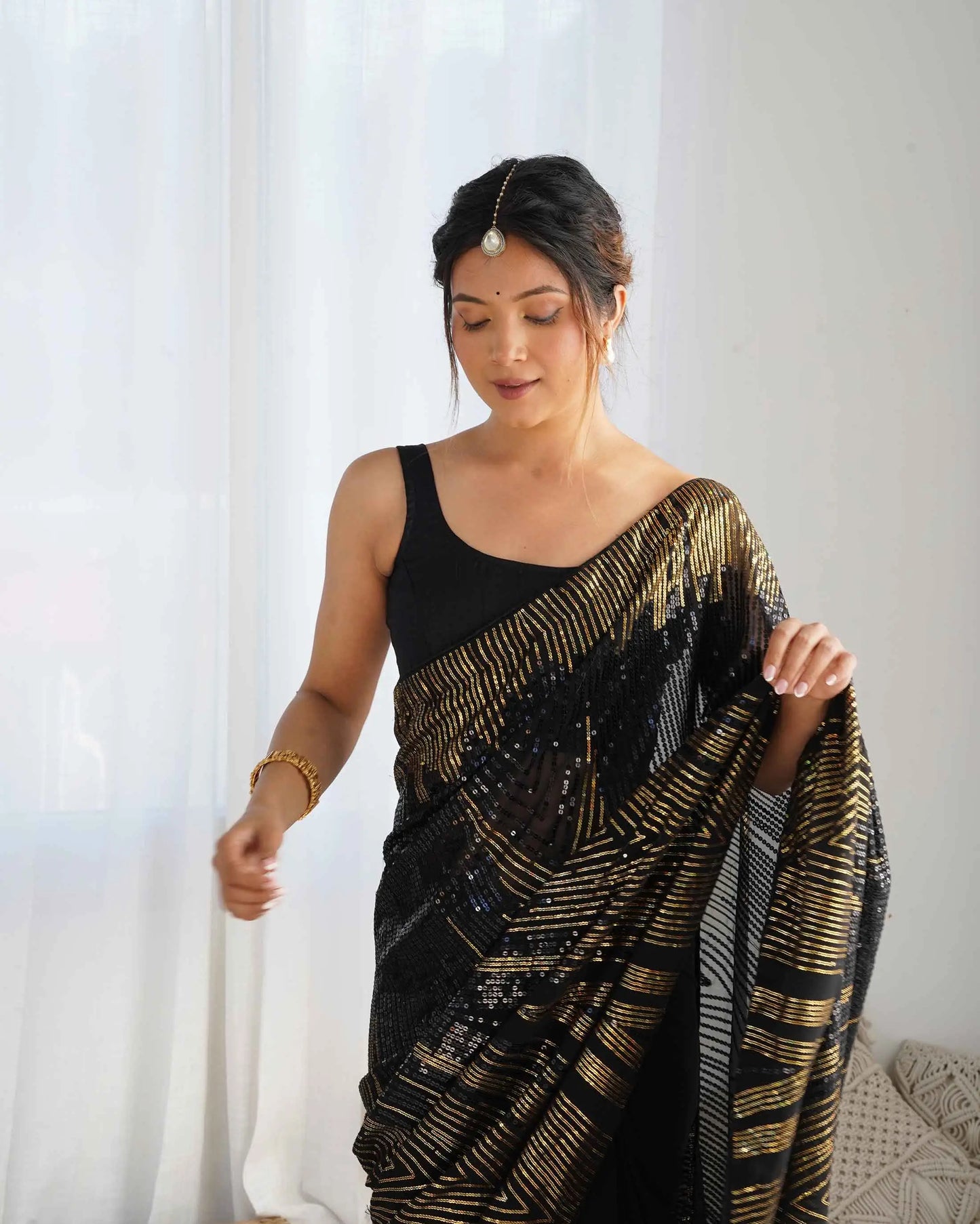 Black Georgette Sequins Embroidery Work Designer Saree