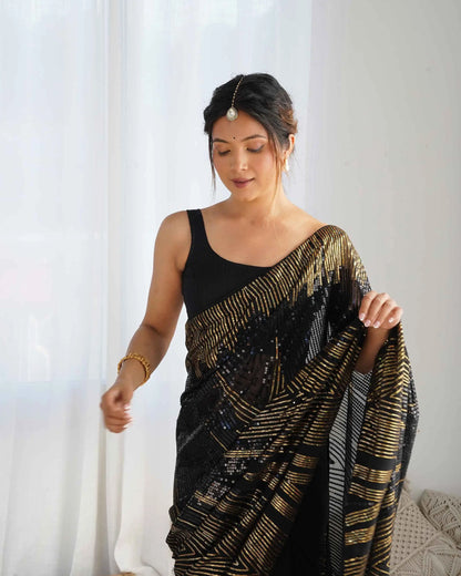 Black Georgette Sequins Embroidery Work Designer Saree