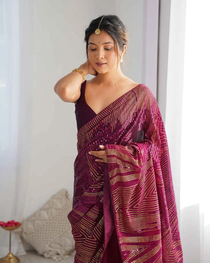 Designer Wine Georgette Sequins Embroidery Work Saree