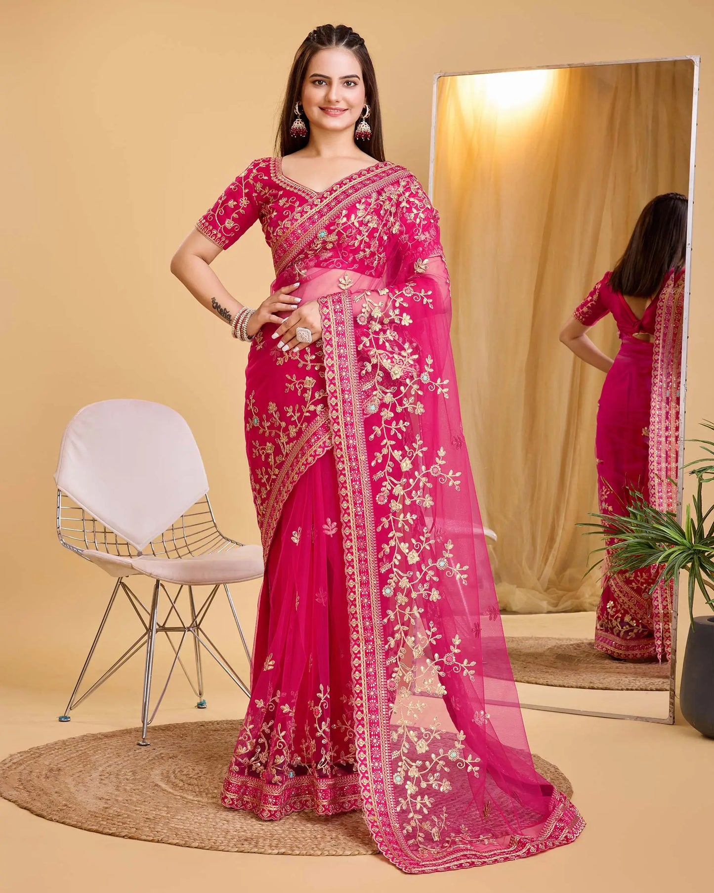 Red Soft Net With Designer Embroidery Work Saree