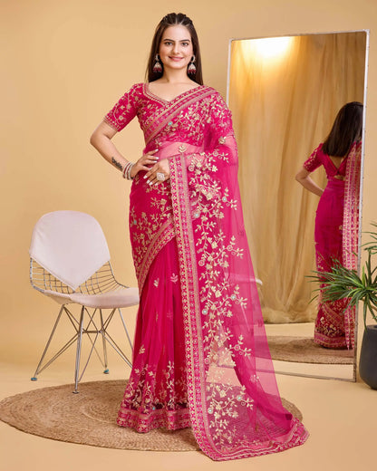 Red Soft Net With Designer Embroidery Work Saree
