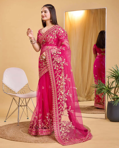 Red Soft Net With Designer Embroidery Work Saree