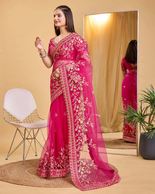 Red Soft Net With Designer Embroidery Work Saree