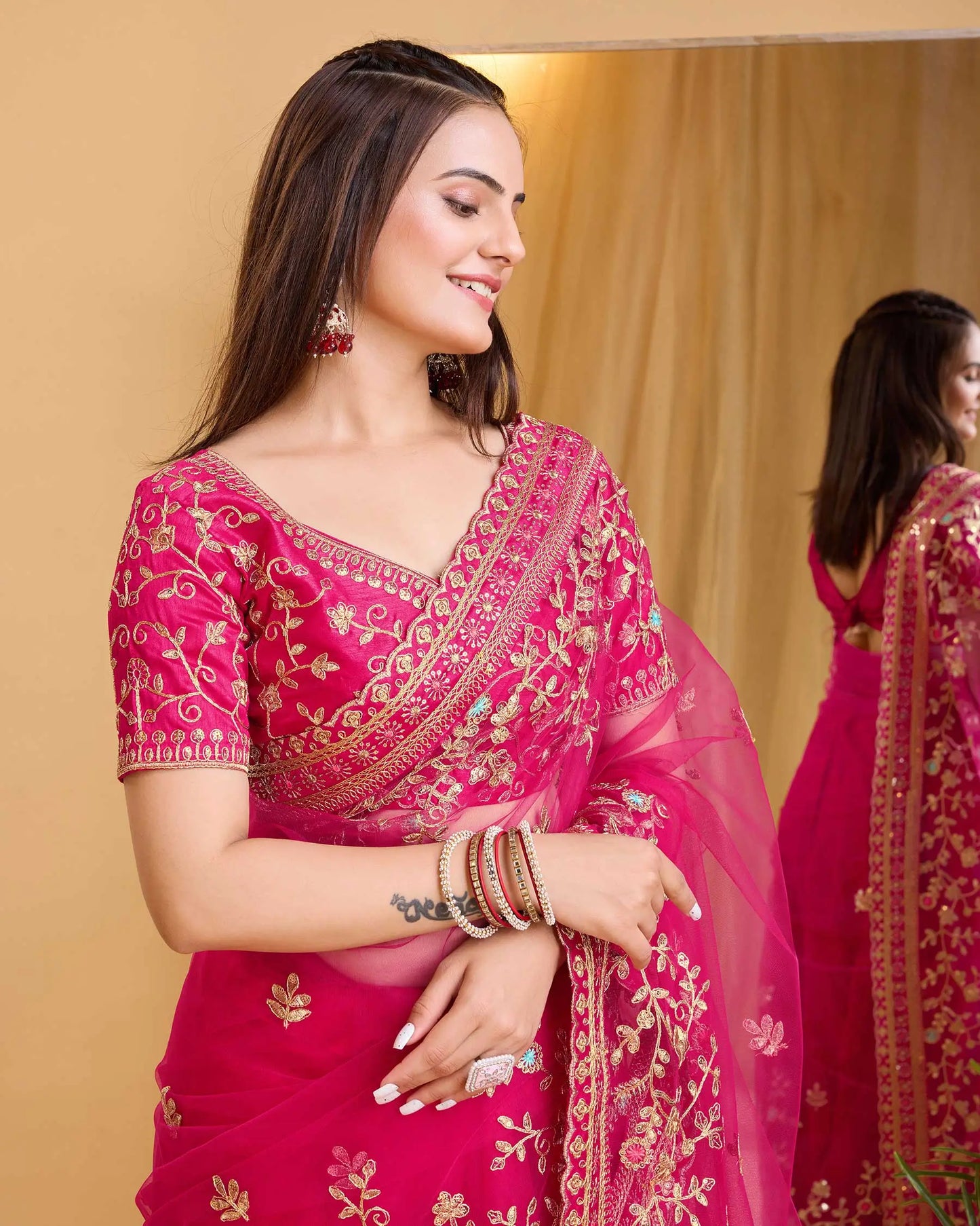 Red Soft Net With Designer Embroidery Work Saree
