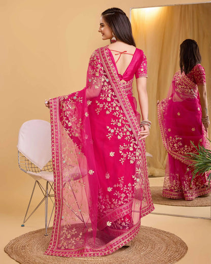 Red Soft Net With Designer Embroidery Work Saree
