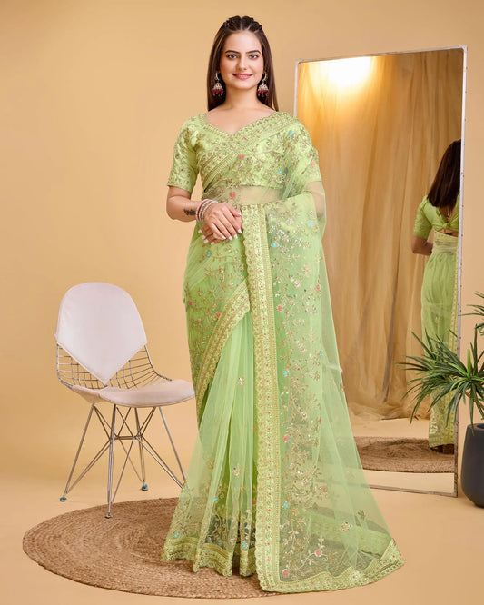 Perot Green Soft Net With Designer Embroidery Work Saree