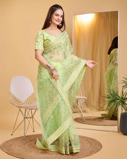 Perot Green Soft Net With Designer Embroidery Work Saree