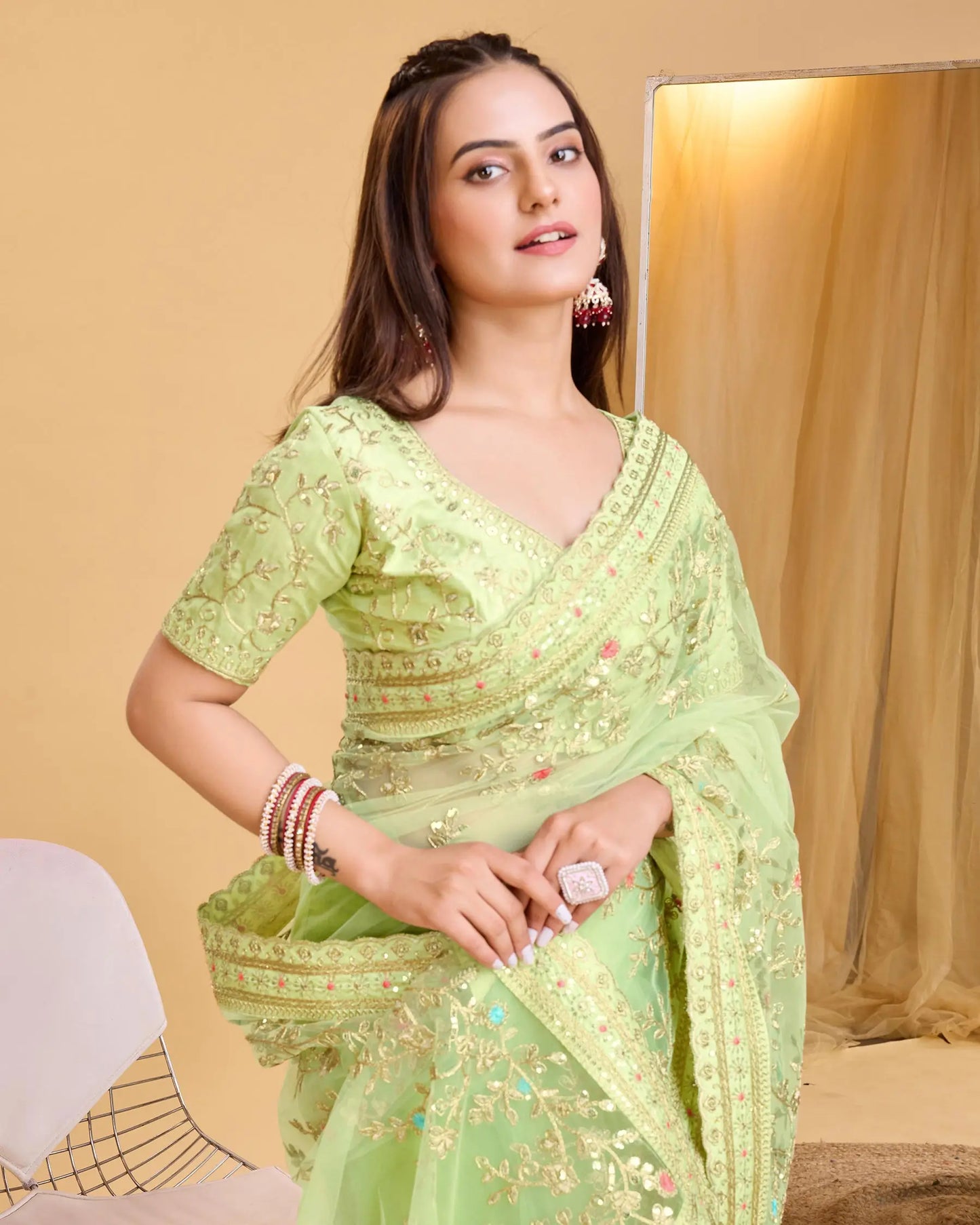 Perot Green Soft Net With Designer Embroidery Work Saree