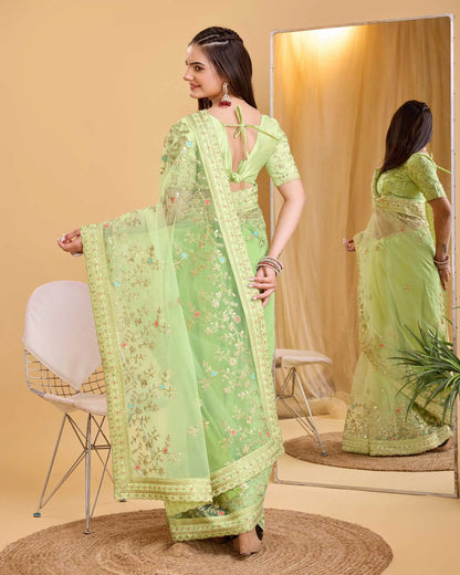 Perot Green Soft Net With Designer Embroidery Work Saree