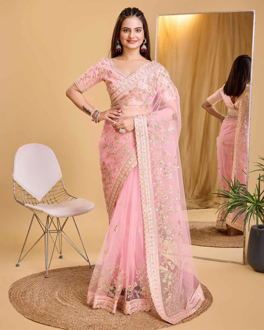 Pink Soft Net With Designer Embroidery Work Saree