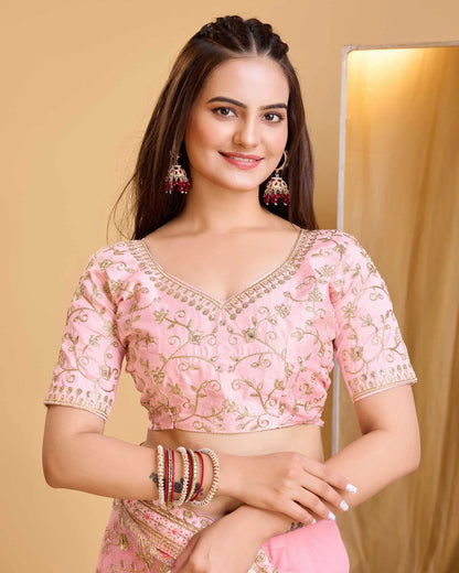 Pink Soft Net With Designer Embroidery Work Saree