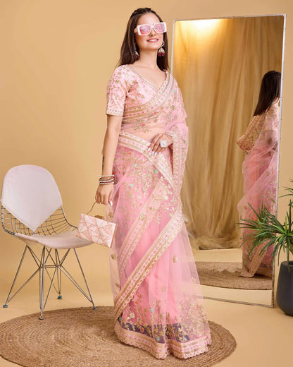 Pink Soft Net With Designer Embroidery Work Saree