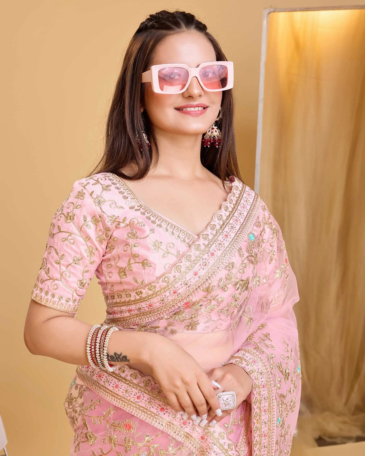 Pink Soft Net With Designer Embroidery Work Saree