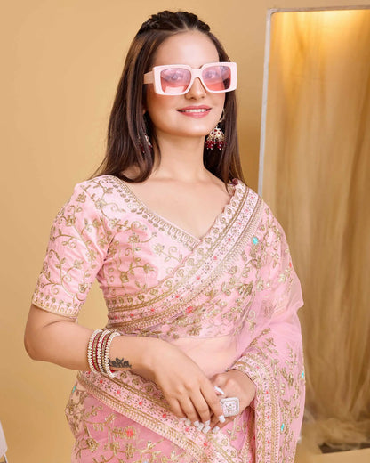 Pink Soft Net With Designer Embroidery Work Saree