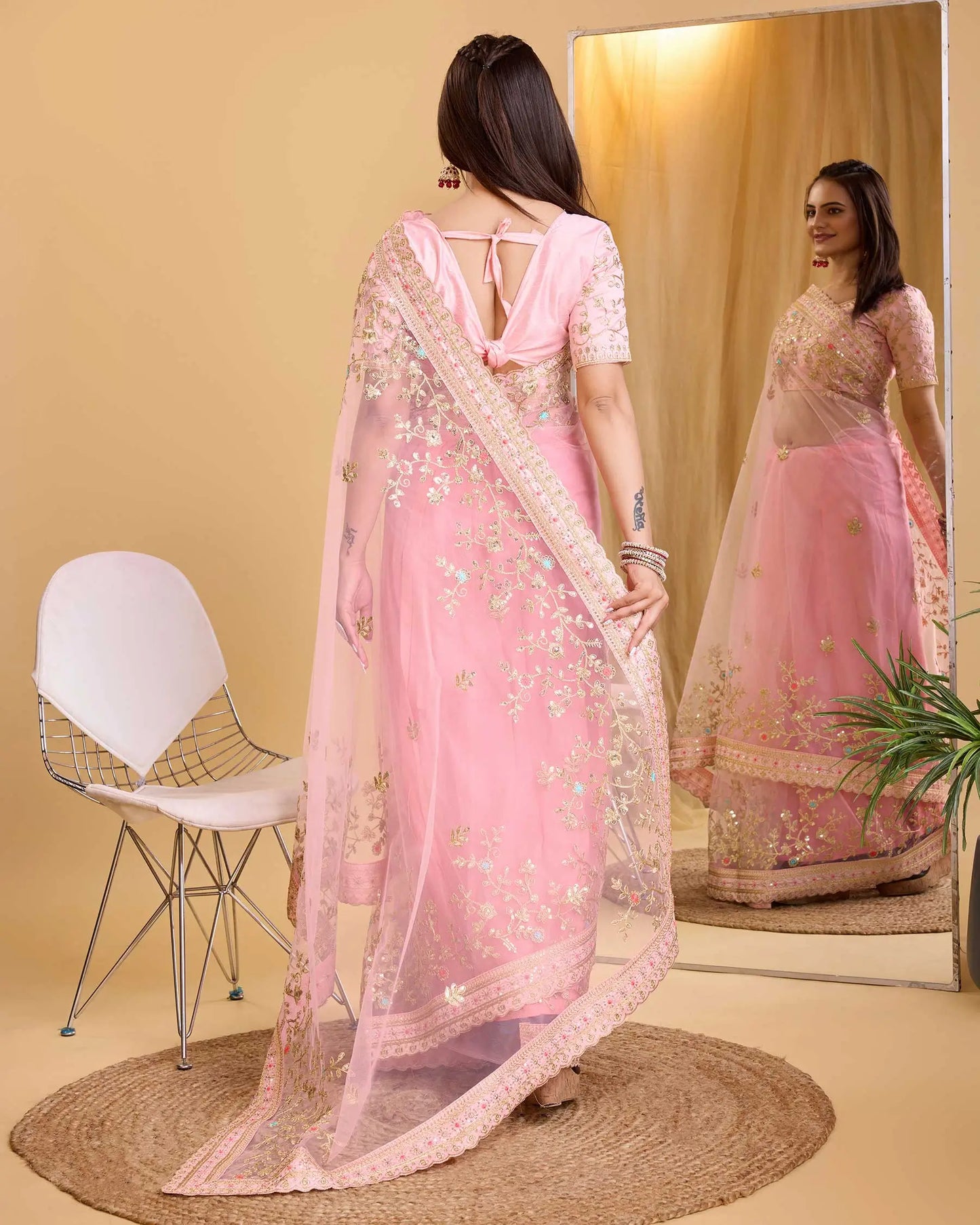 Pink Soft Net With Designer Embroidery Work Saree