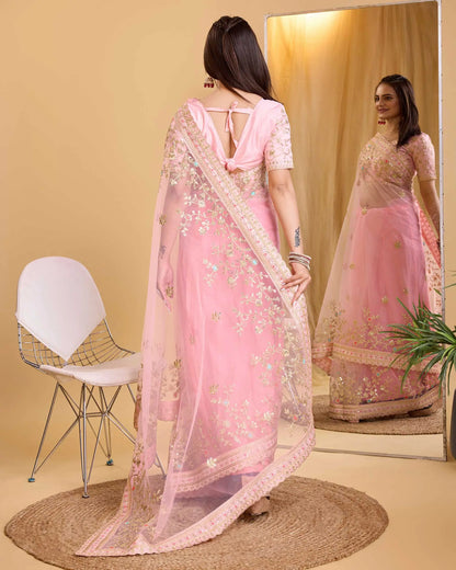 Pink Soft Net With Designer Embroidery Work Saree