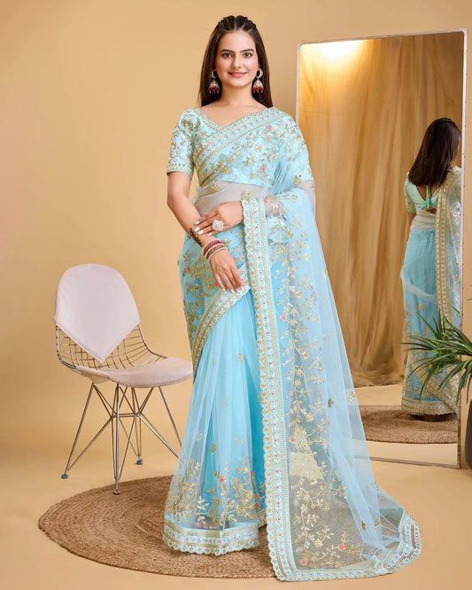 Sky Blue Soft Net With Designer Embroidery Work Saree