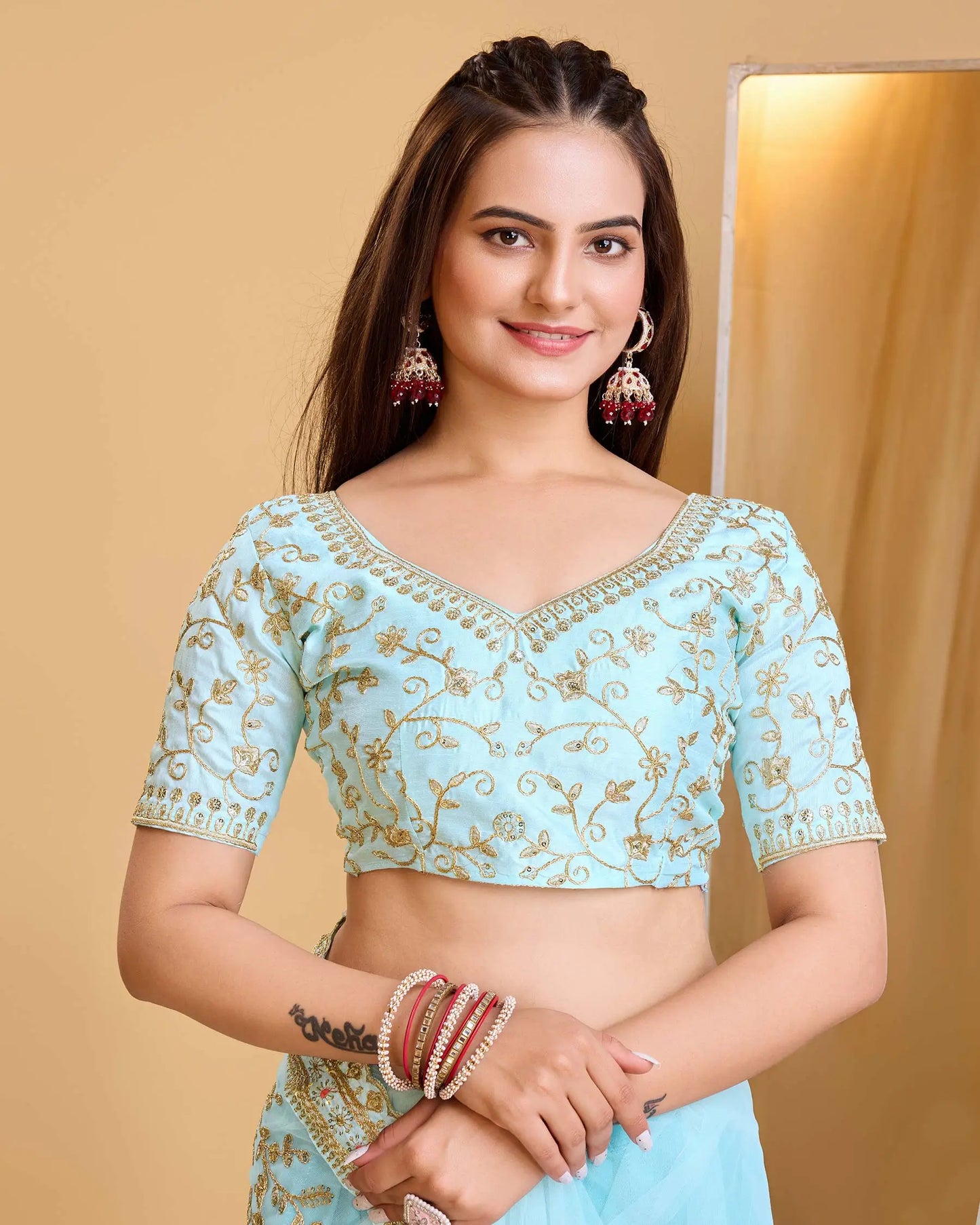 Sky Blue Soft Net With Designer Embroidery Work Saree