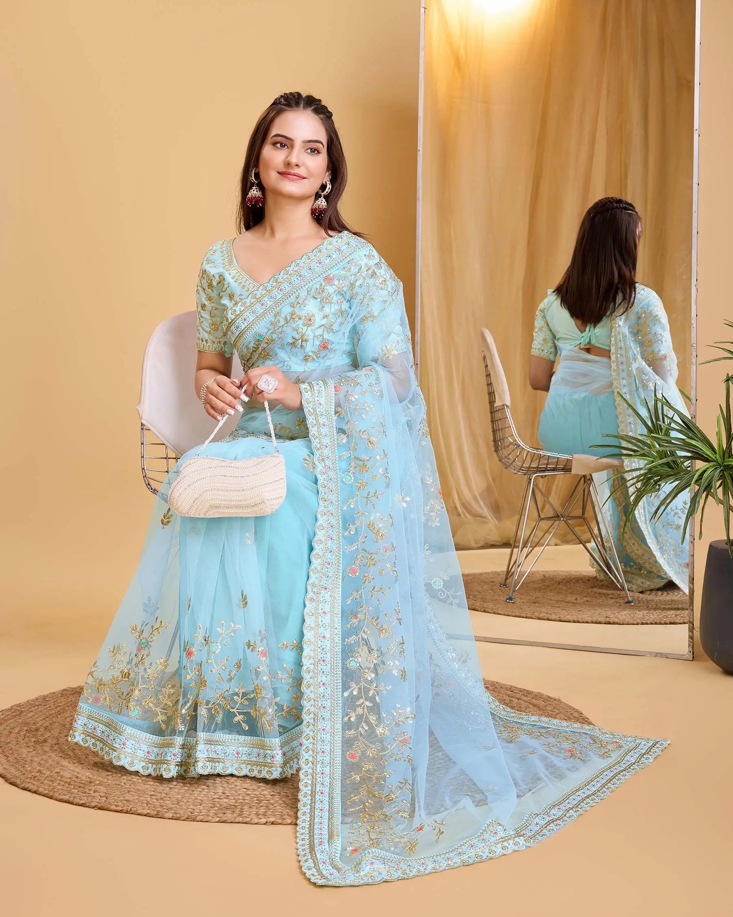 Sky Blue Soft Net With Designer Embroidery Work Saree