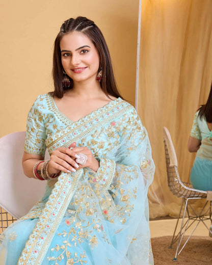 Sky Blue Soft Net With Designer Embroidery Work Saree