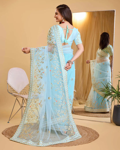 Sky Blue Soft Net With Designer Embroidery Work Saree