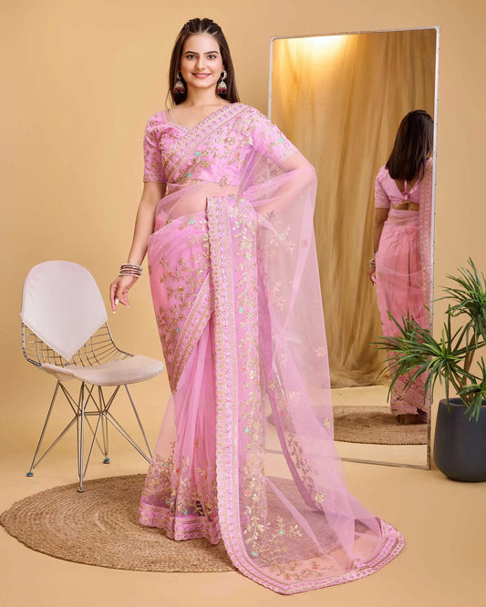 Pink Soft Net With Designer Embroidery Work Saree