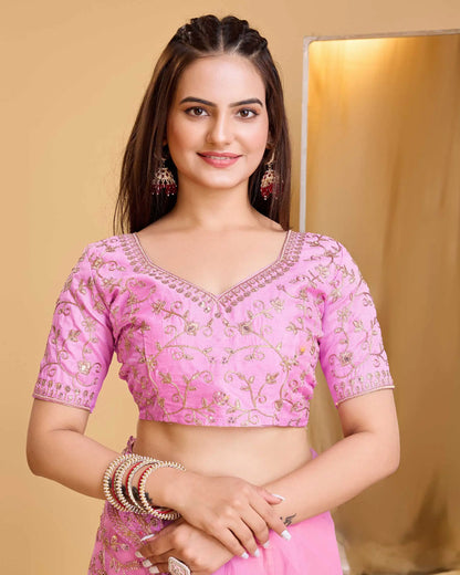 Pink Soft Net With Designer Embroidery Work Saree