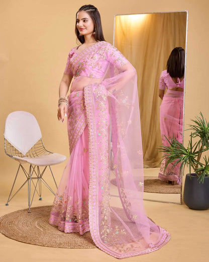 Pink Soft Net With Designer Embroidery Work Saree