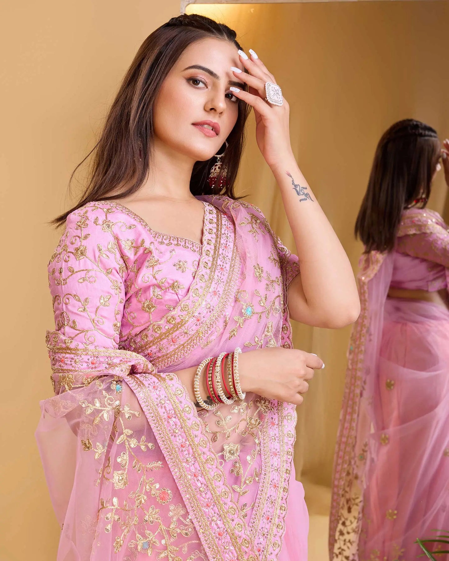 Pink Soft Net With Designer Embroidery Work Saree