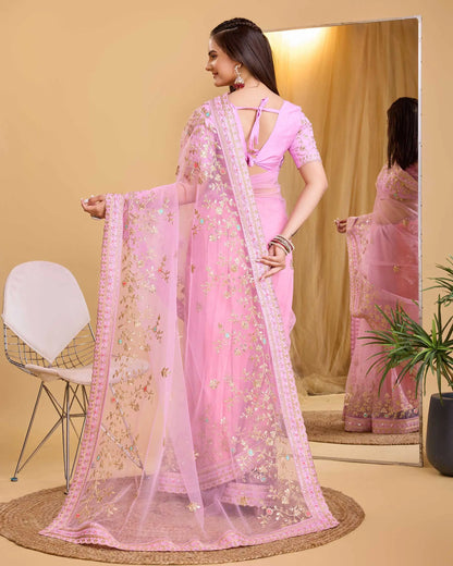 Pink Soft Net With Designer Embroidery Work Saree