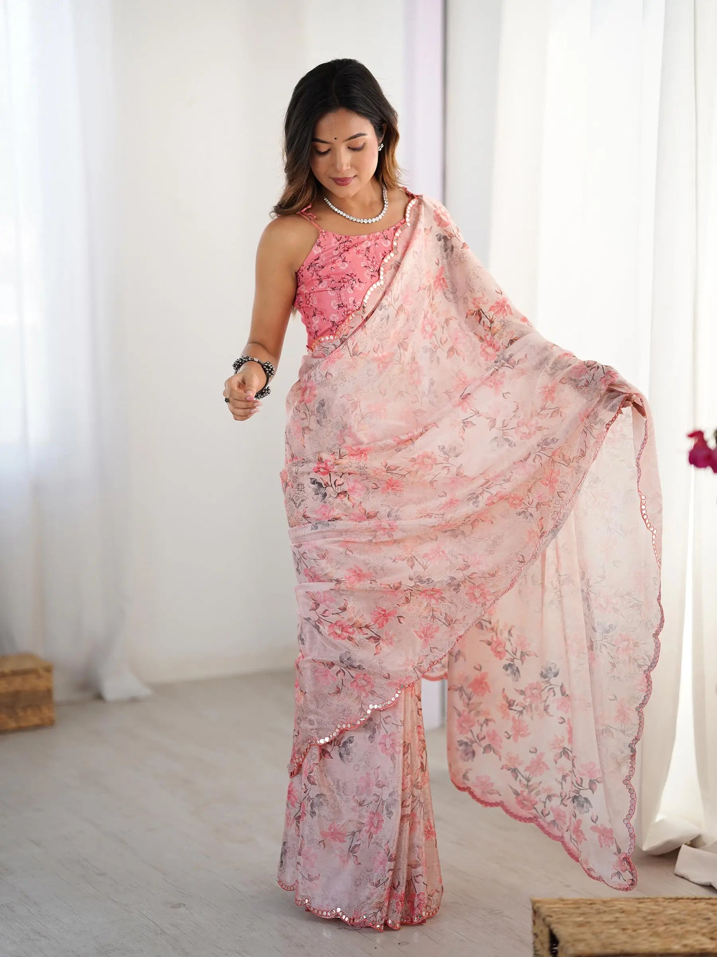 Pink Chinon Saree with Designer Digital Print & Mirror Cut Work
