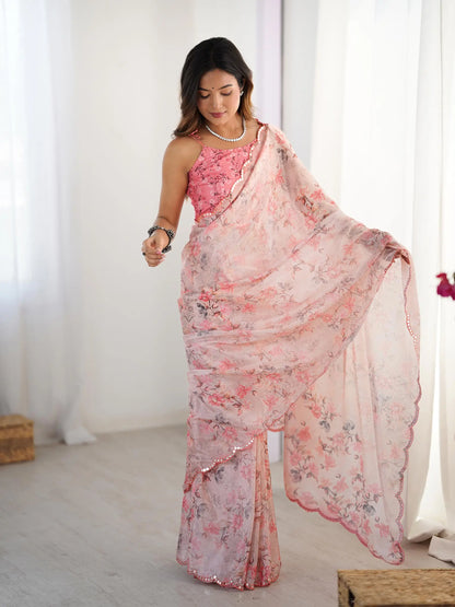 Pink Chinon Saree with Designer Digital Print & Mirror Cut Work