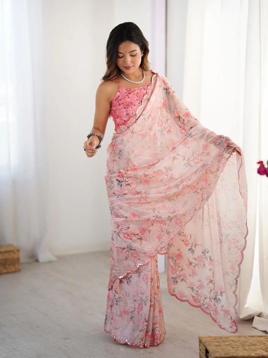 Pink Chinon Saree with Designer Digital Print & Mirror Cut Work
