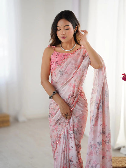 Pink Chinon Saree with Designer Digital Print & Mirror Cut Work