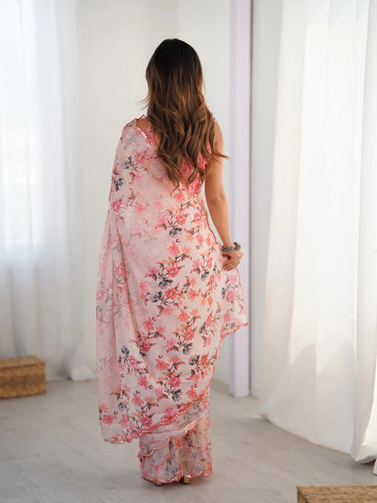 Pink Chinon Saree with Designer Digital Print & Mirror Cut Work