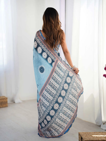 Sky Blue Chinon Saree with Designer Digital Print & Mirror Cut Work