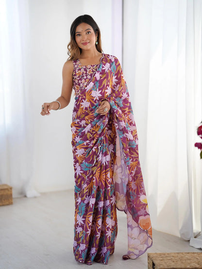Red  Chinon Saree with Designer Digital Print & Mirror Cut Work