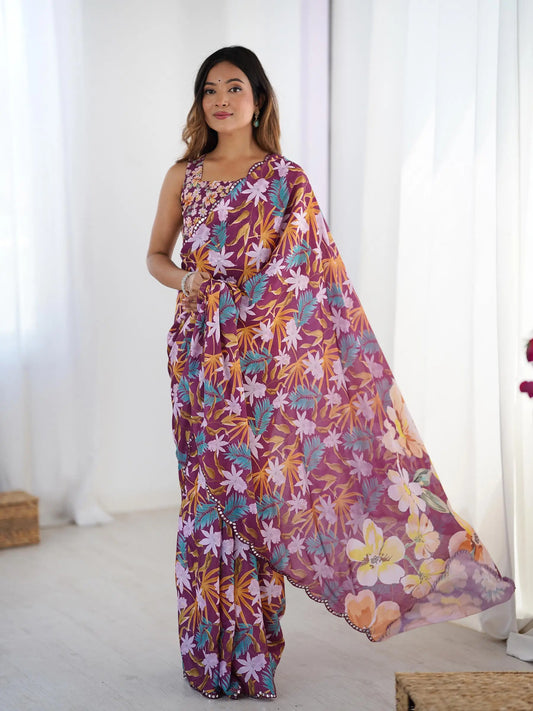 Red  Chinon Saree with Designer Digital Print & Mirror Cut Work