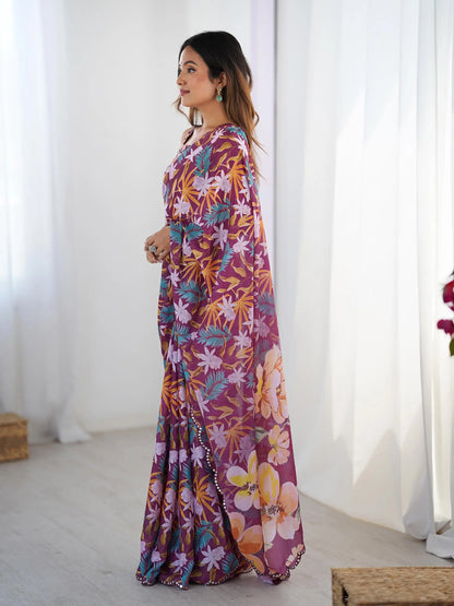 Red  Chinon Saree with Designer Digital Print & Mirror Cut Work