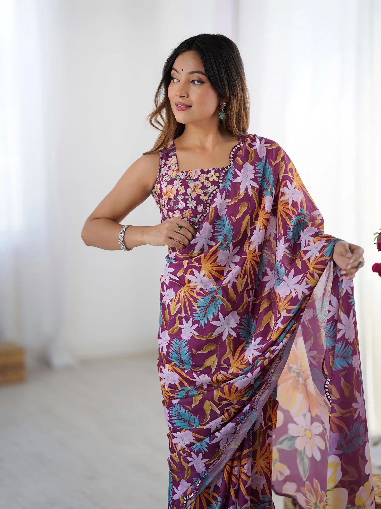 Red  Chinon Saree with Designer Digital Print & Mirror Cut Work