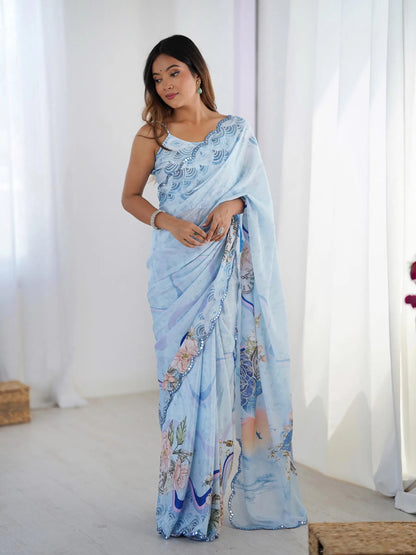 Sky Blue  Chinon Saree with Designer Digital Print & Mirror Cut Work