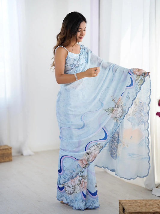 Sky Blue  Chinon Saree with Designer Digital Print & Mirror Cut Work