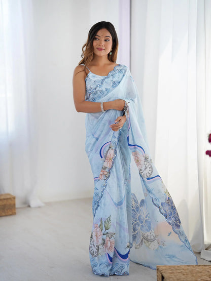 Sky Blue  Chinon Saree with Designer Digital Print & Mirror Cut Work