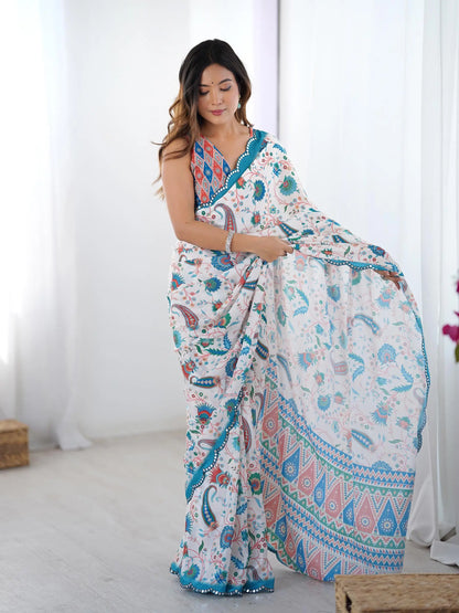 White Chinon Saree with Designer Digital Print & Mirror Cut Work