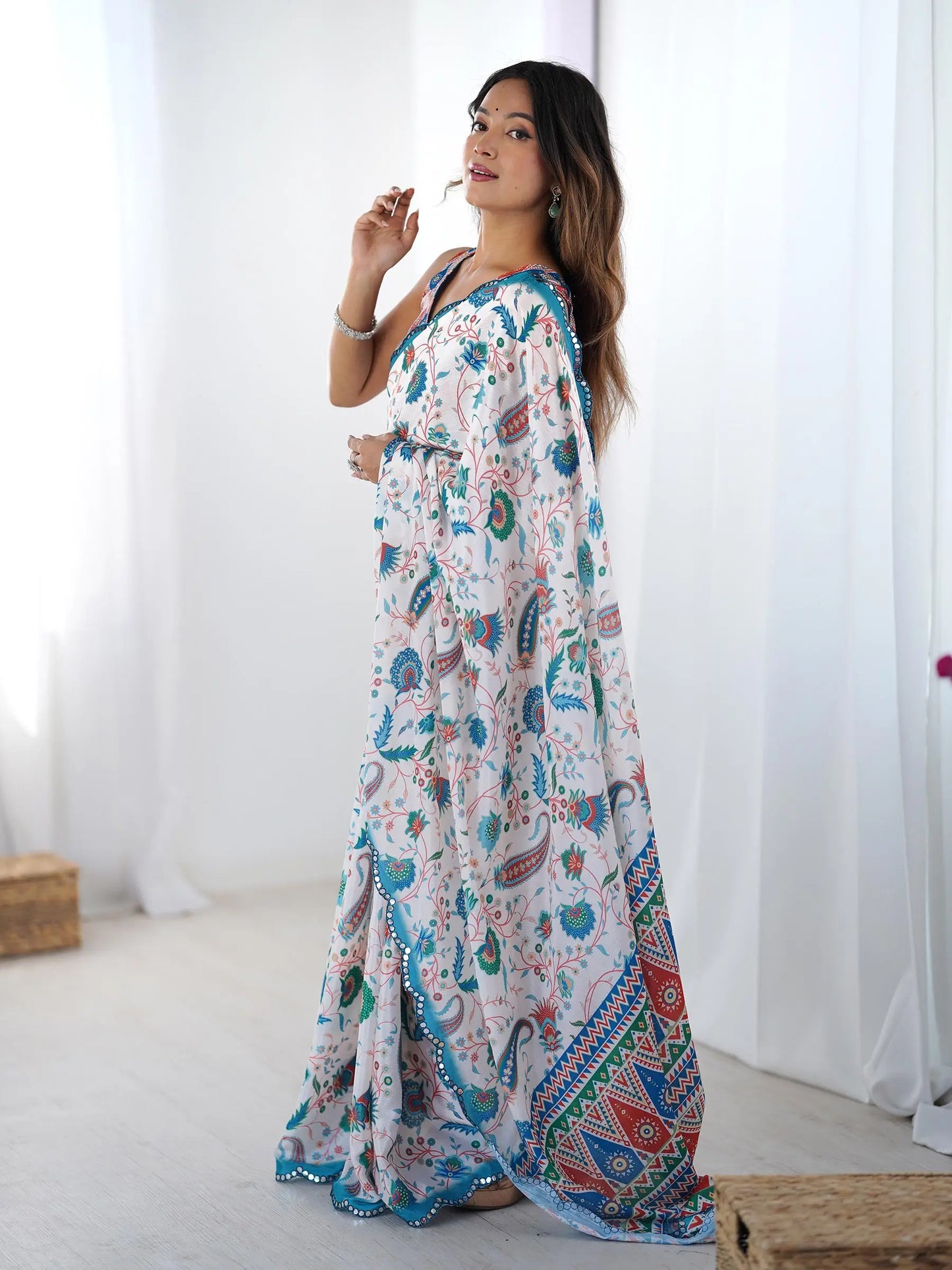 White Chinon Saree with Designer Digital Print & Mirror Cut Work
