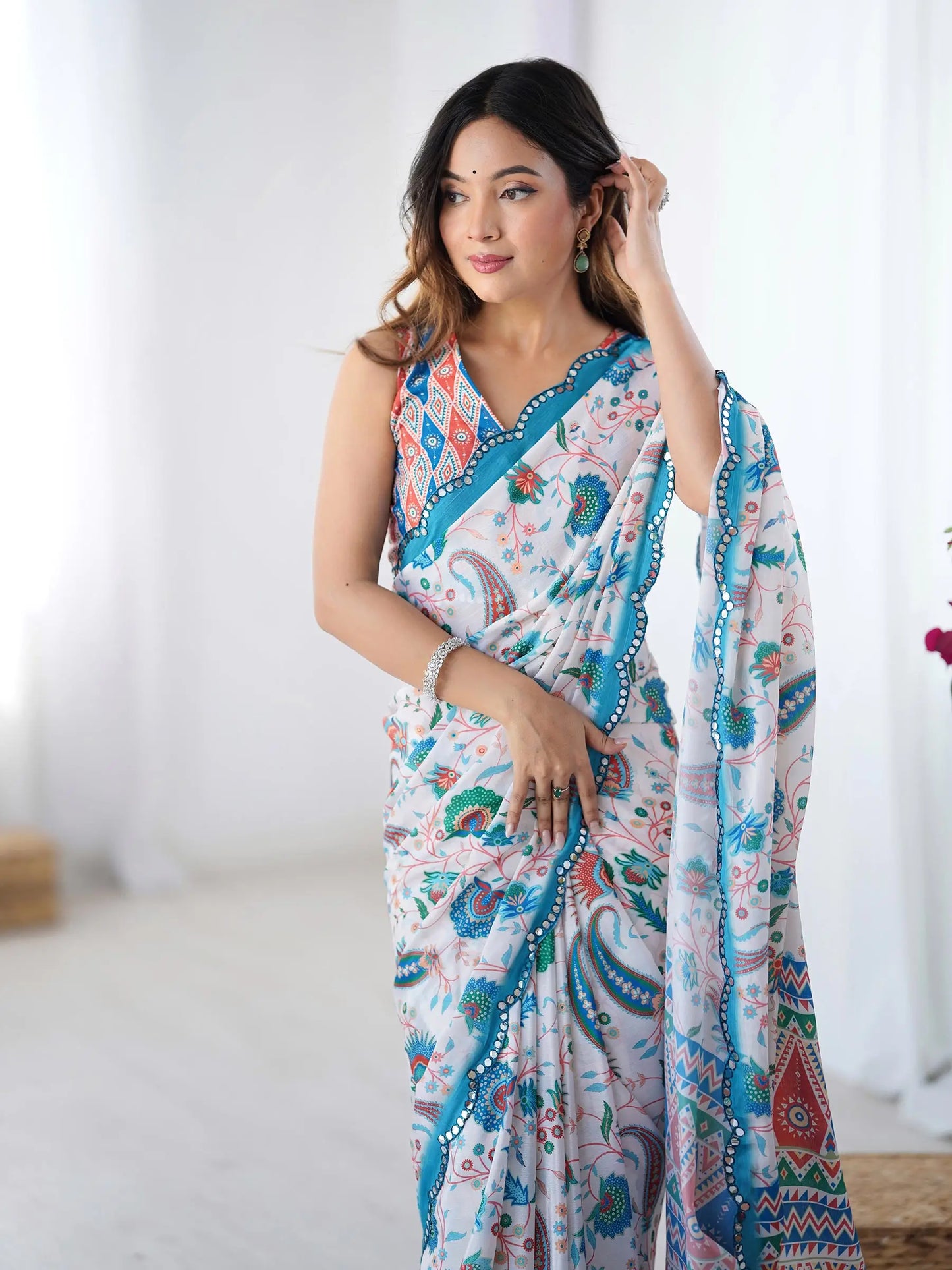 White Chinon Saree with Designer Digital Print & Mirror Cut Work