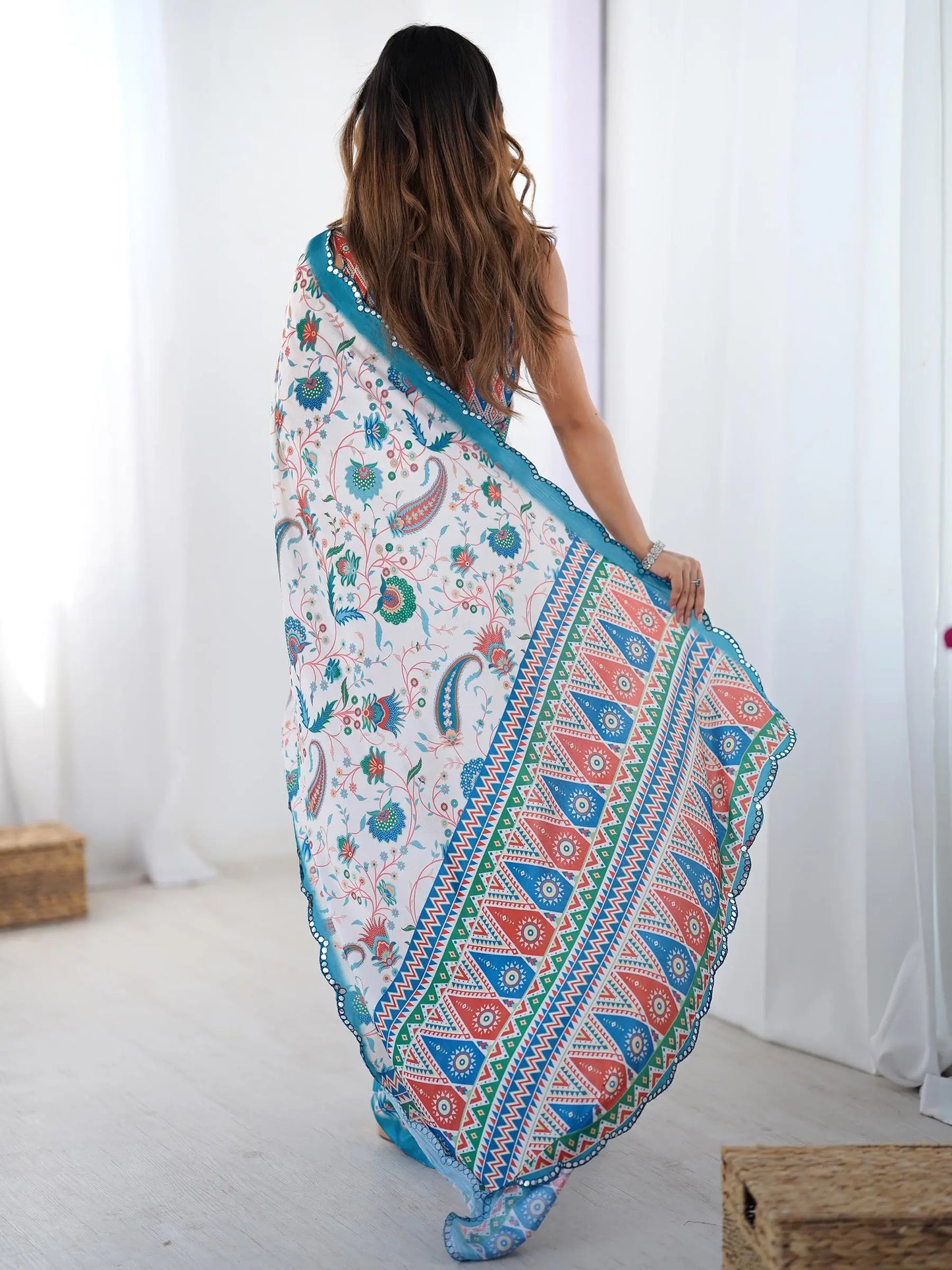 White Chinon Saree with Designer Digital Print & Mirror Cut Work