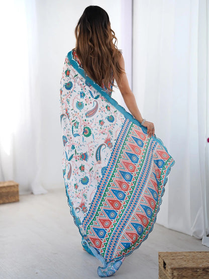 White Chinon Saree with Designer Digital Print & Mirror Cut Work