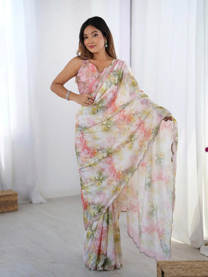 Multi Color Chinon Saree with Designer Digital Print & Mirror Cut Work