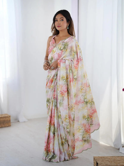 Multi Color Chinon Saree with Designer Digital Print & Mirror Cut Work